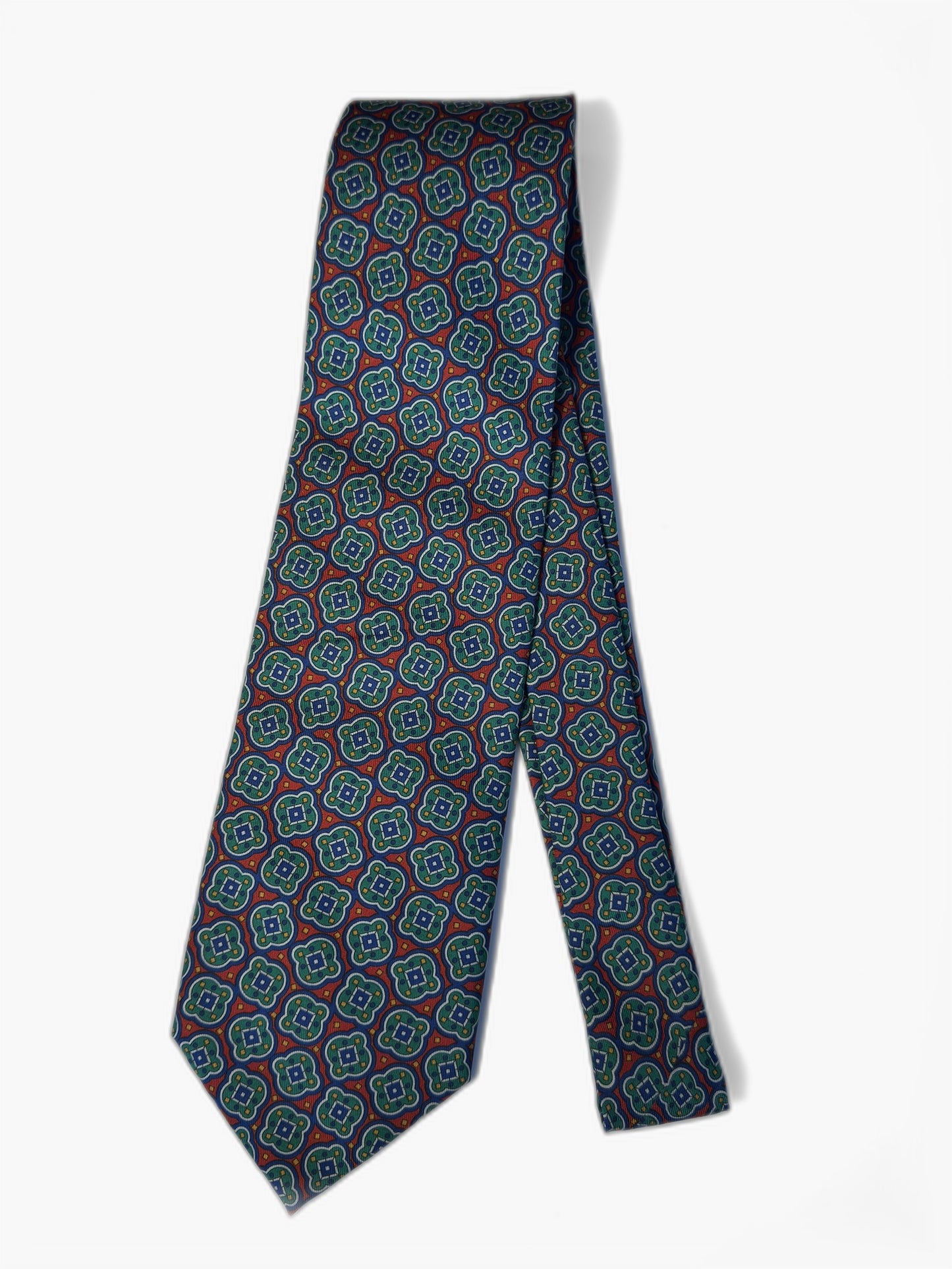 Vintage Krawatte mit geometrischem Medaillon-Muster in Grün und Rot, Gesamtansicht