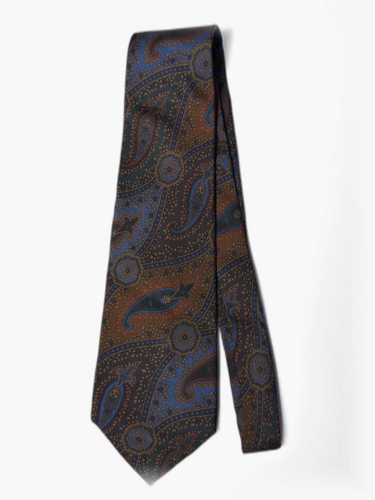 Vintage Paisley-Krawatte in Braun und Blau, fließendes Muster, Gesamtansicht