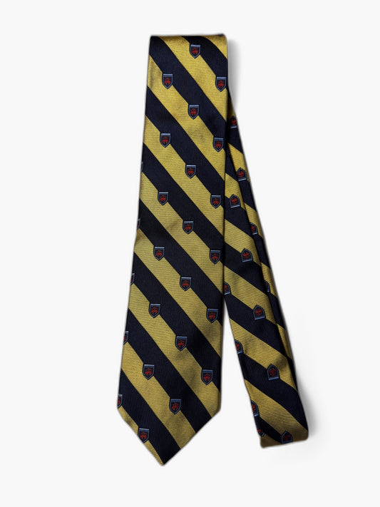 Brooks Brothers Vintage Krawatte mit Wappen-Streifen, marineblau-gelb mit Wappen, Gesamtansicht