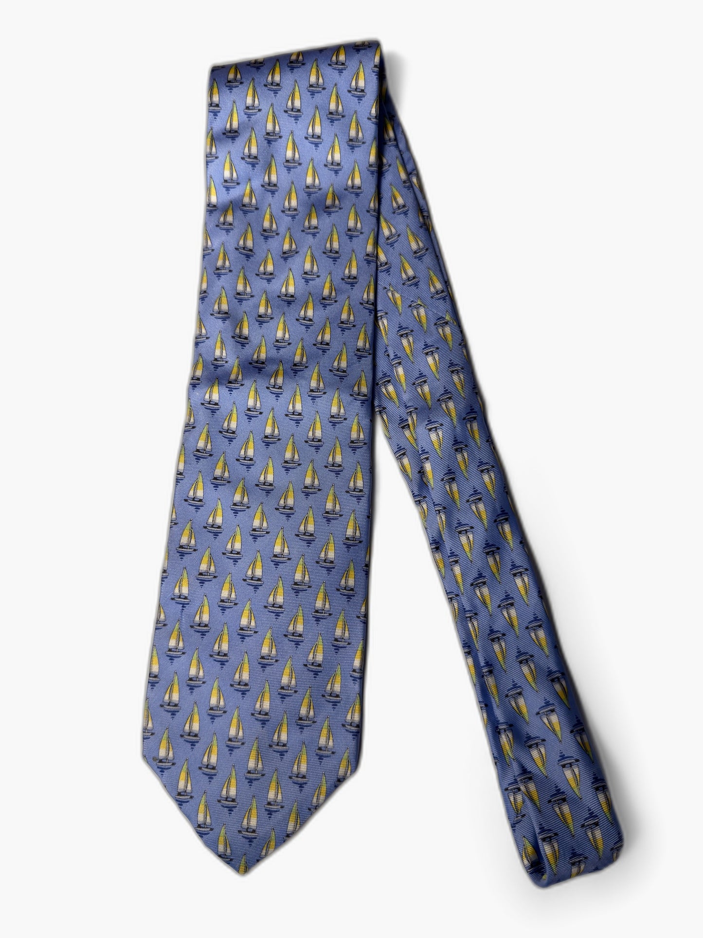 Brooks Brothers Vintage Krawatte mit Sailing-Print, hellblau mit gelben Segelbooten, Gesamtansicht