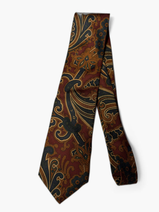 Brooks Brothers Vintage Krawatte mit Damask, bordeaux mit gold-blau Damask-Paisley, Gesamtansicht