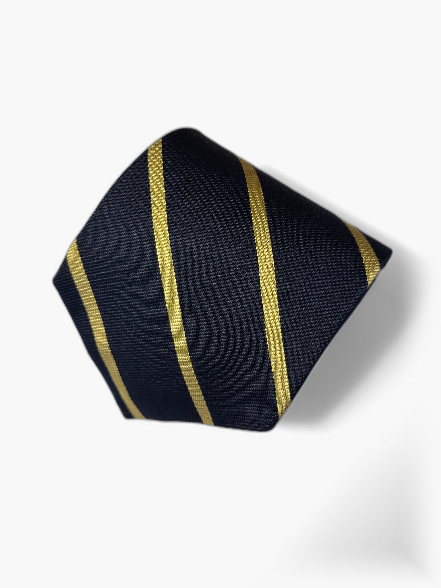 Detail: Brooks Brothers Repp-Krawatte in Navy mit goldenen Streifen, Nahaufnahme der Spitze