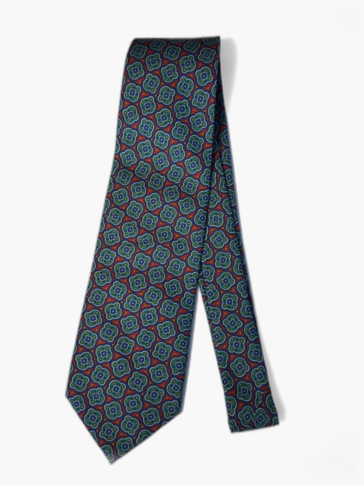 Vintage Krawatte mit geometrischem Medaillon-Muster in Grün und Rot, Gesamtansicht