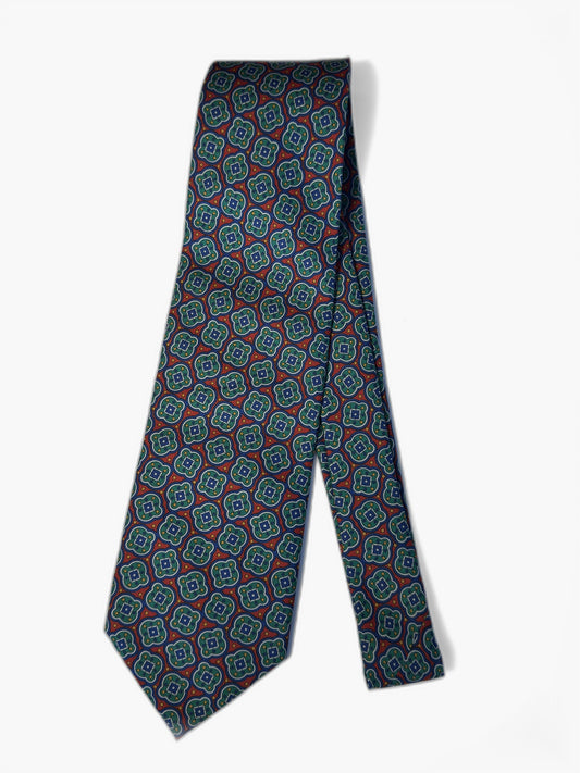 Vintage Krawatte mit geometrischem Medaillon-Muster in Grün und Rot, Gesamtansicht