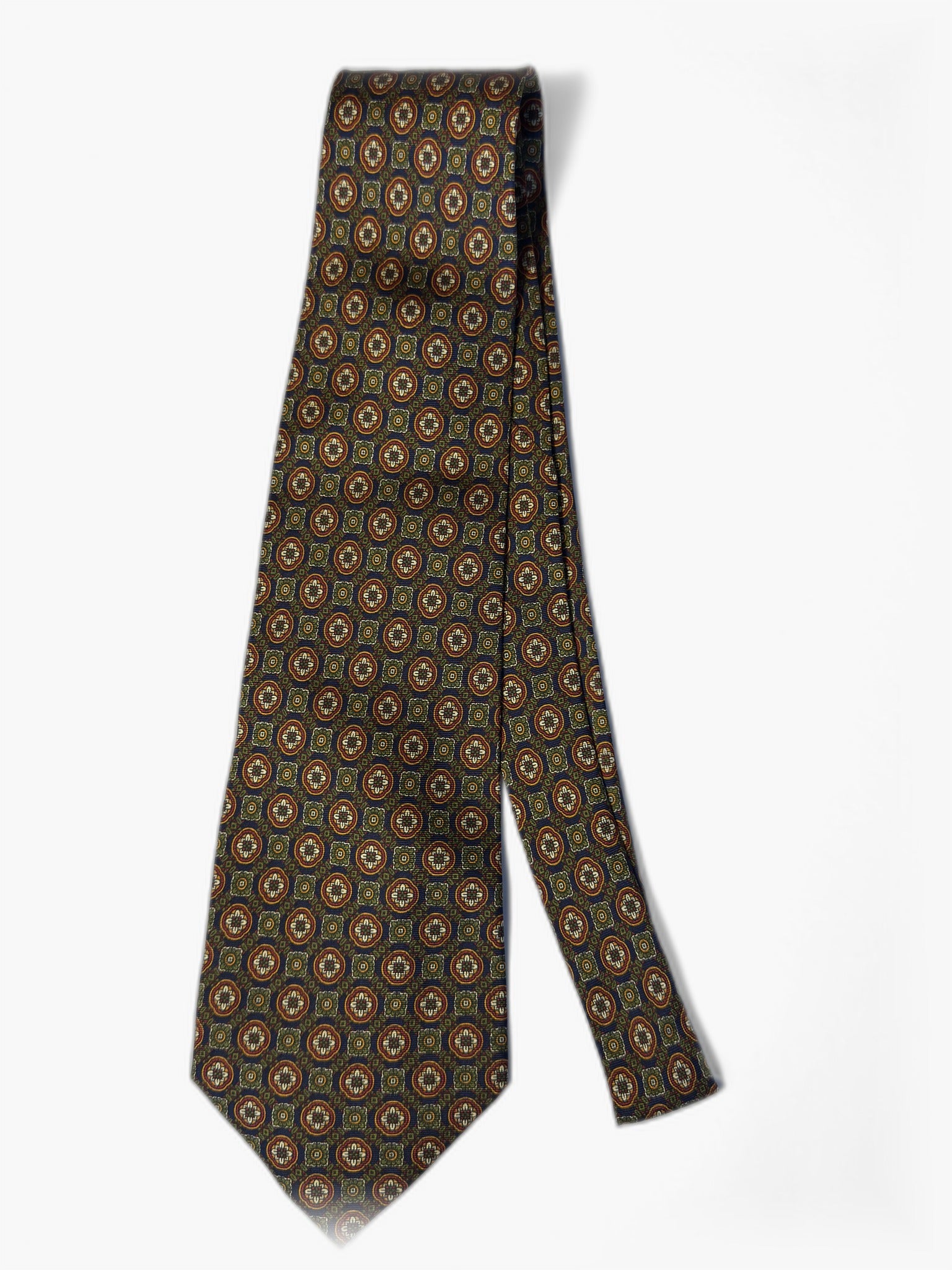 Vintage Krawatte mit Medaillon-Muster in Oliv und Gold, Gesamtansicht