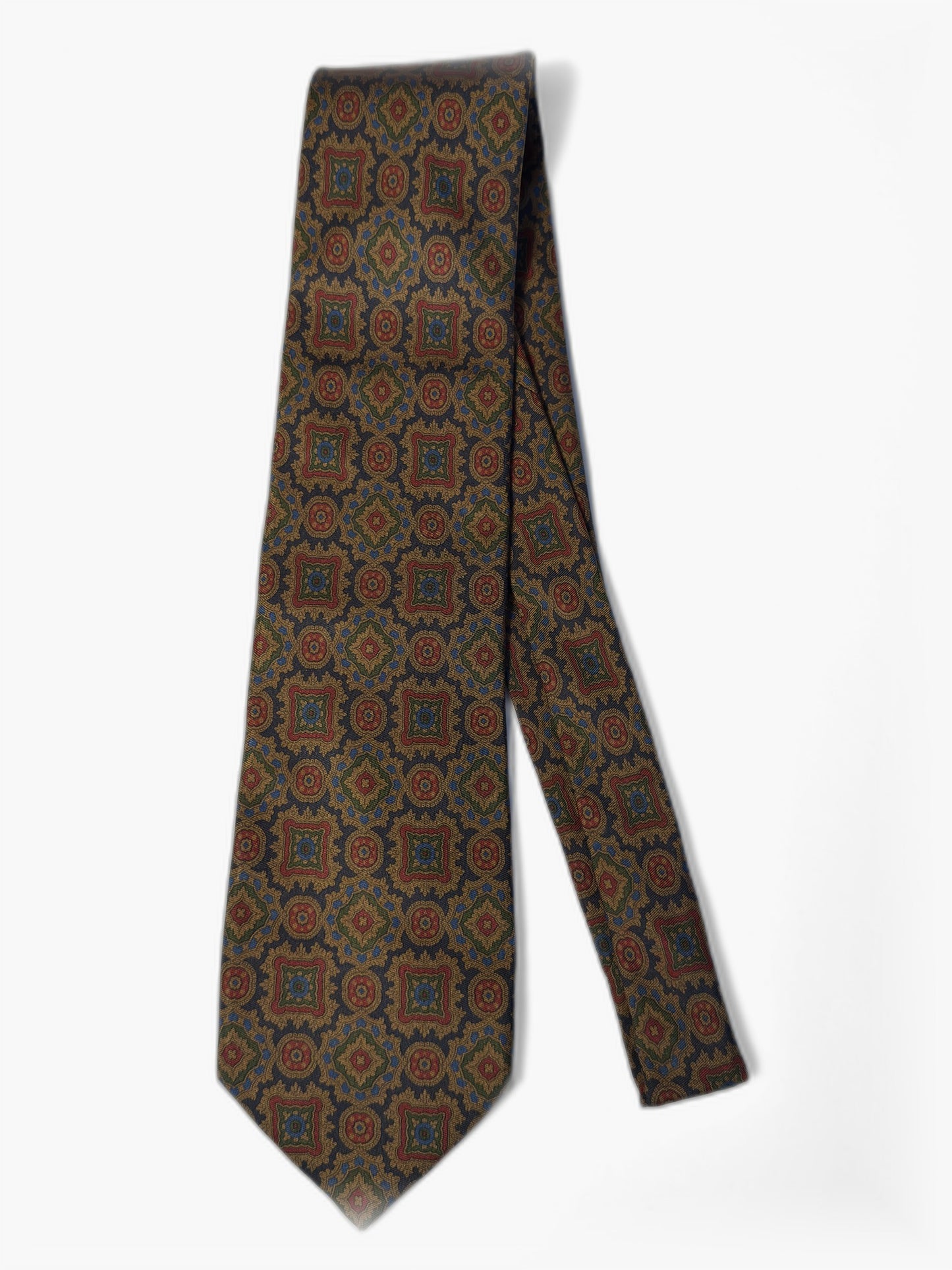 Vintage Krawatte mit Medaillon-Muster in Braun und Gold, Gesamtansicht
