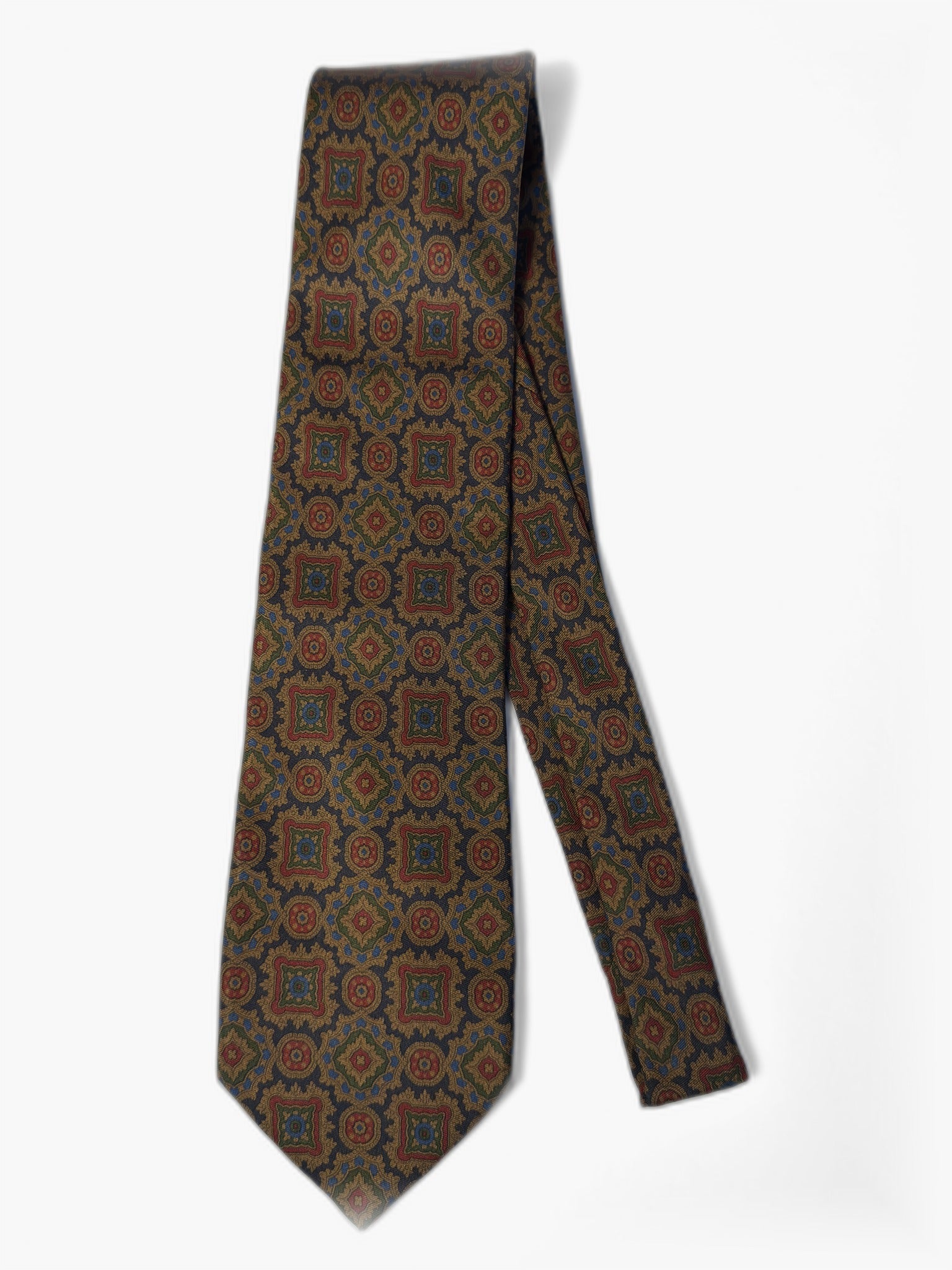 Vintage Krawatte mit Medaillon-Muster in Braun und Gold, Gesamtansicht