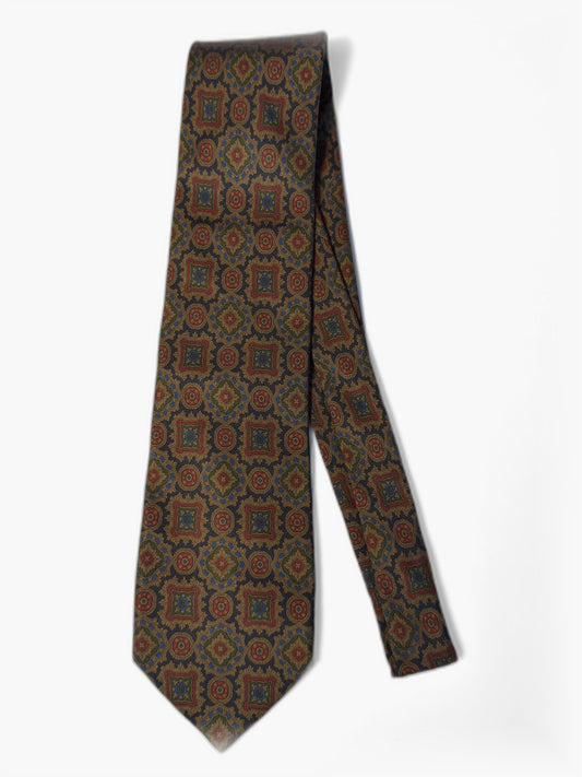 Vintage Krawatte mit Medaillon-Muster in Braun und Gold, Gesamtansicht