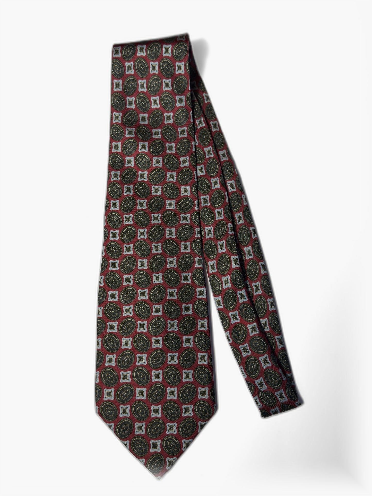 Vintage Krawatte mit geometrischem Muster in Burgund und Grün, Gesamtansicht