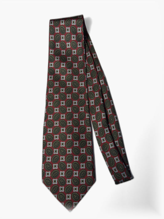 Vintage Krawatte mit geometrischem Muster in Burgund und Grün, Gesamtansicht
