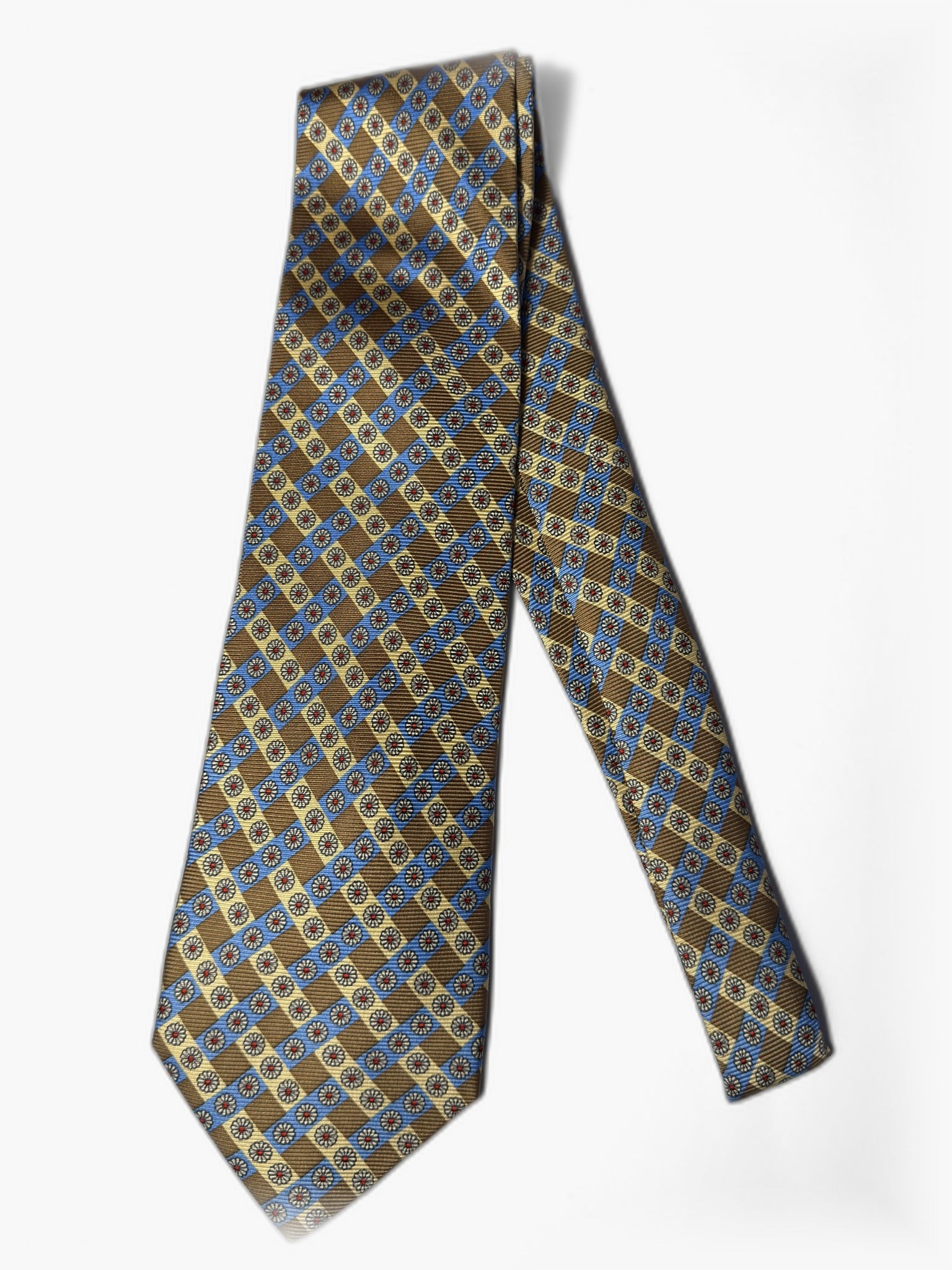 Vintage Krawatte mit Medaillon-Muster in Gold und Blau, Gesamtansicht