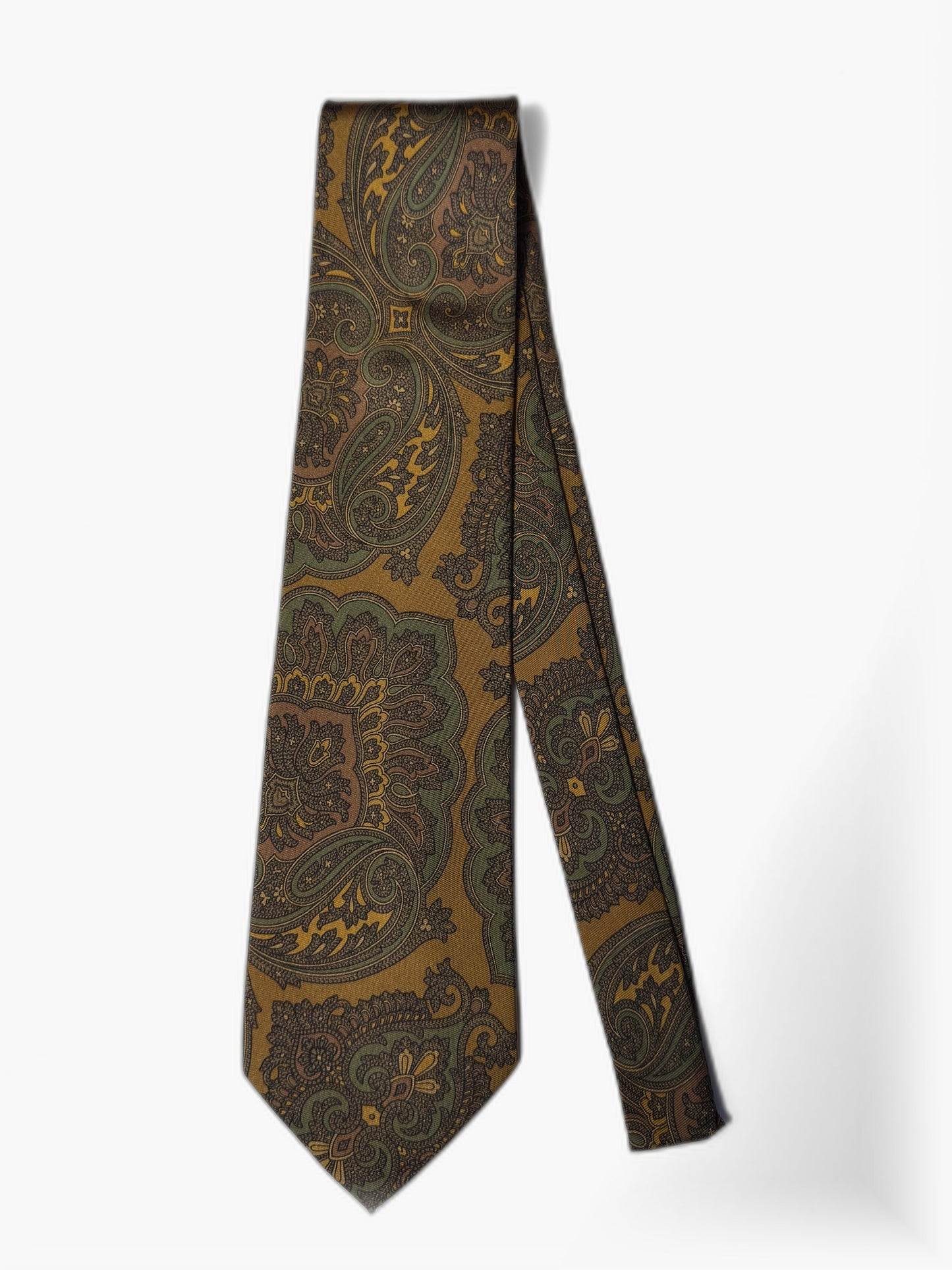 Vintage Krawatte mit großem Paisley in Gold und Oliv, Gesamtansicht