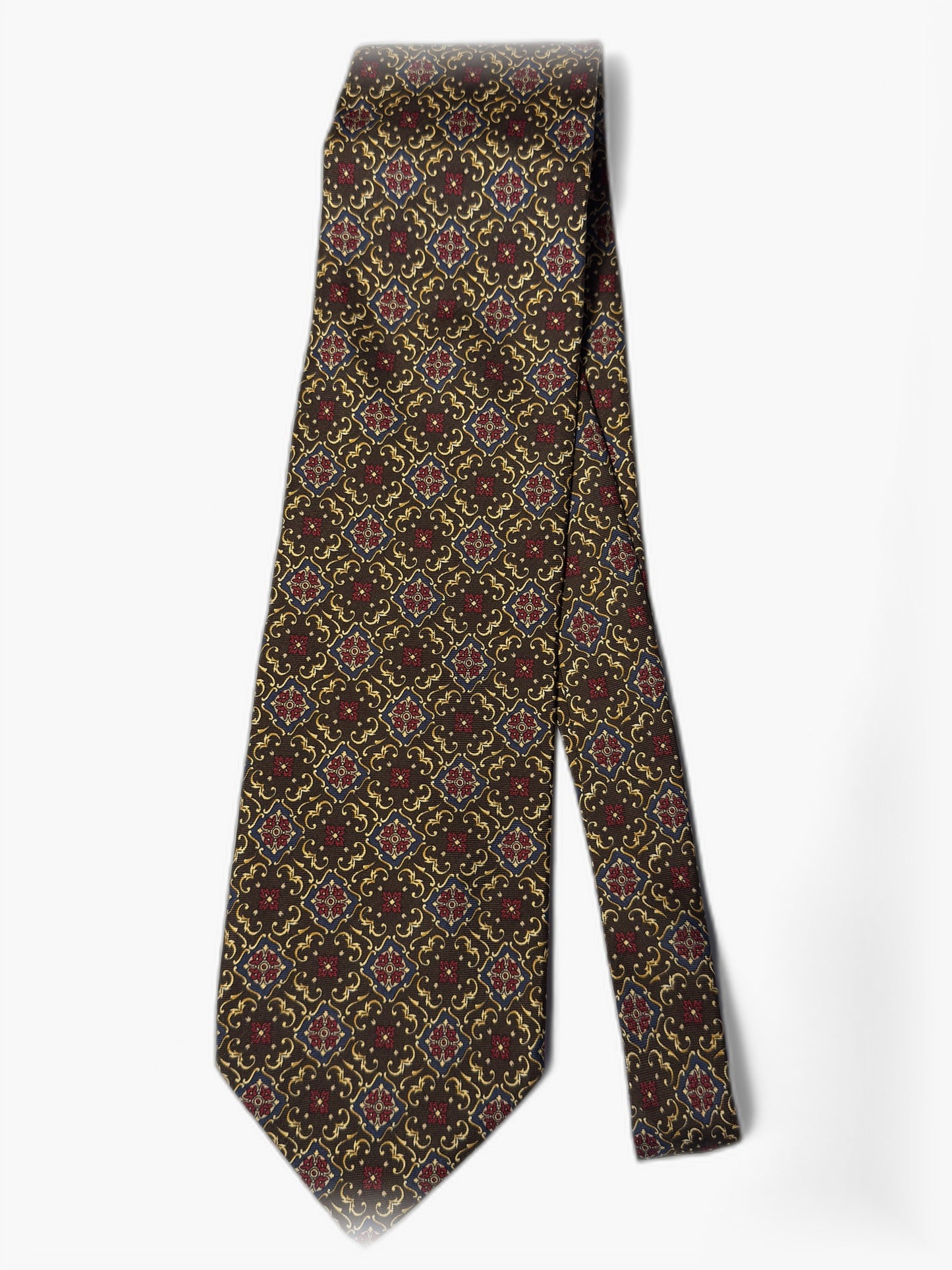 Vintage Krawatte mit ornamentalem Muster in Braun und Gold, Gesamtansicht