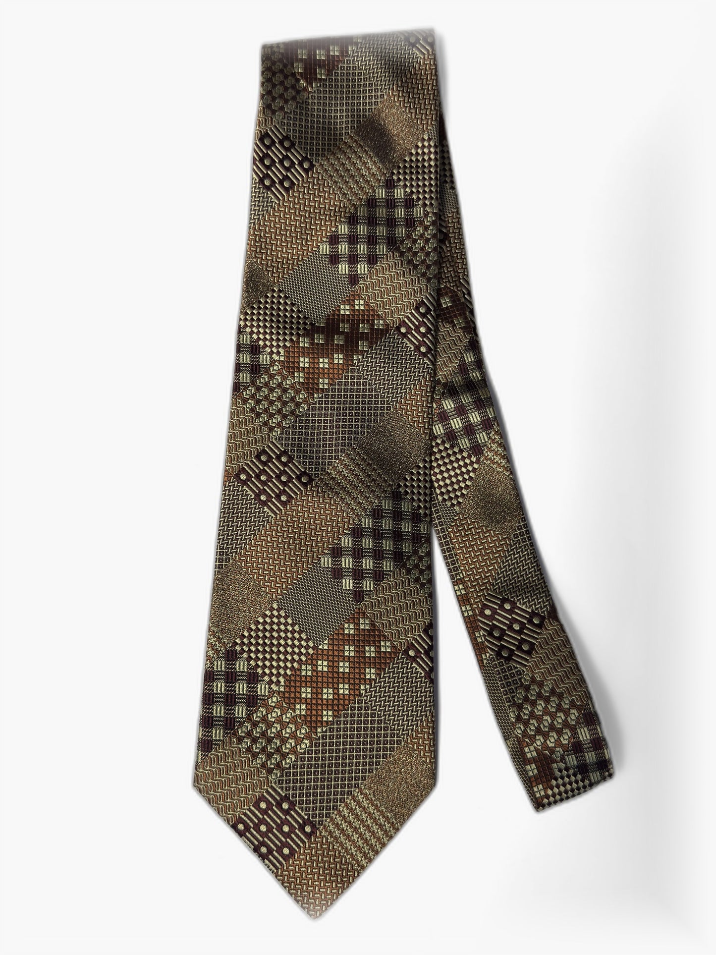 Vintage Krawatte mit Patchwork-Muster in Braun und Gold, Gesamtansicht