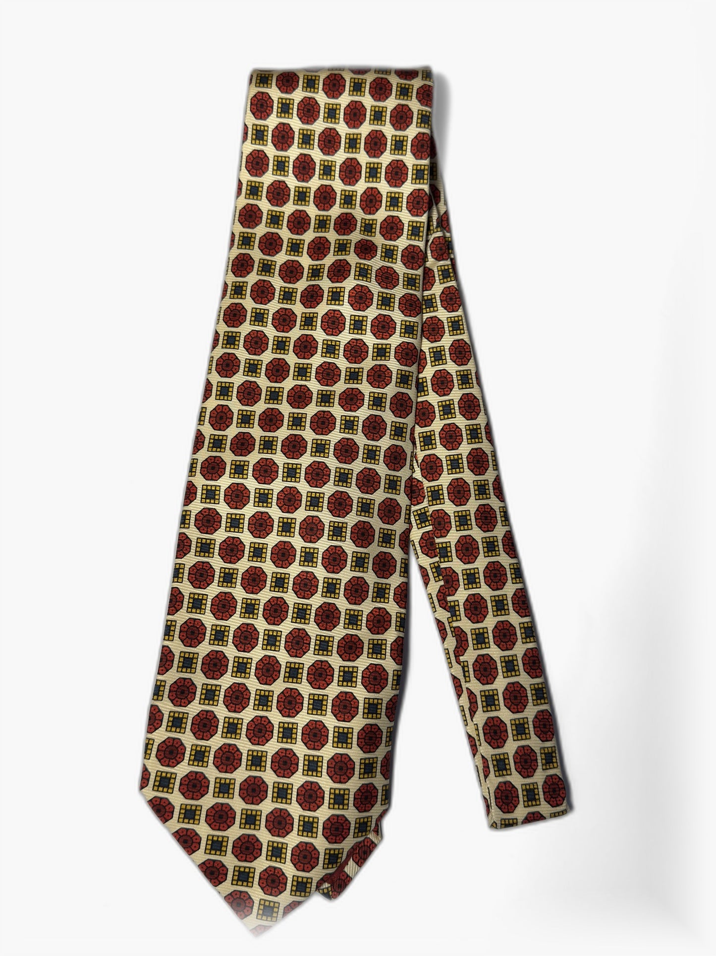 Vintage Krawatte mit geometrischen Kreisen in Creme, Rot und Gold, Gesamtansicht