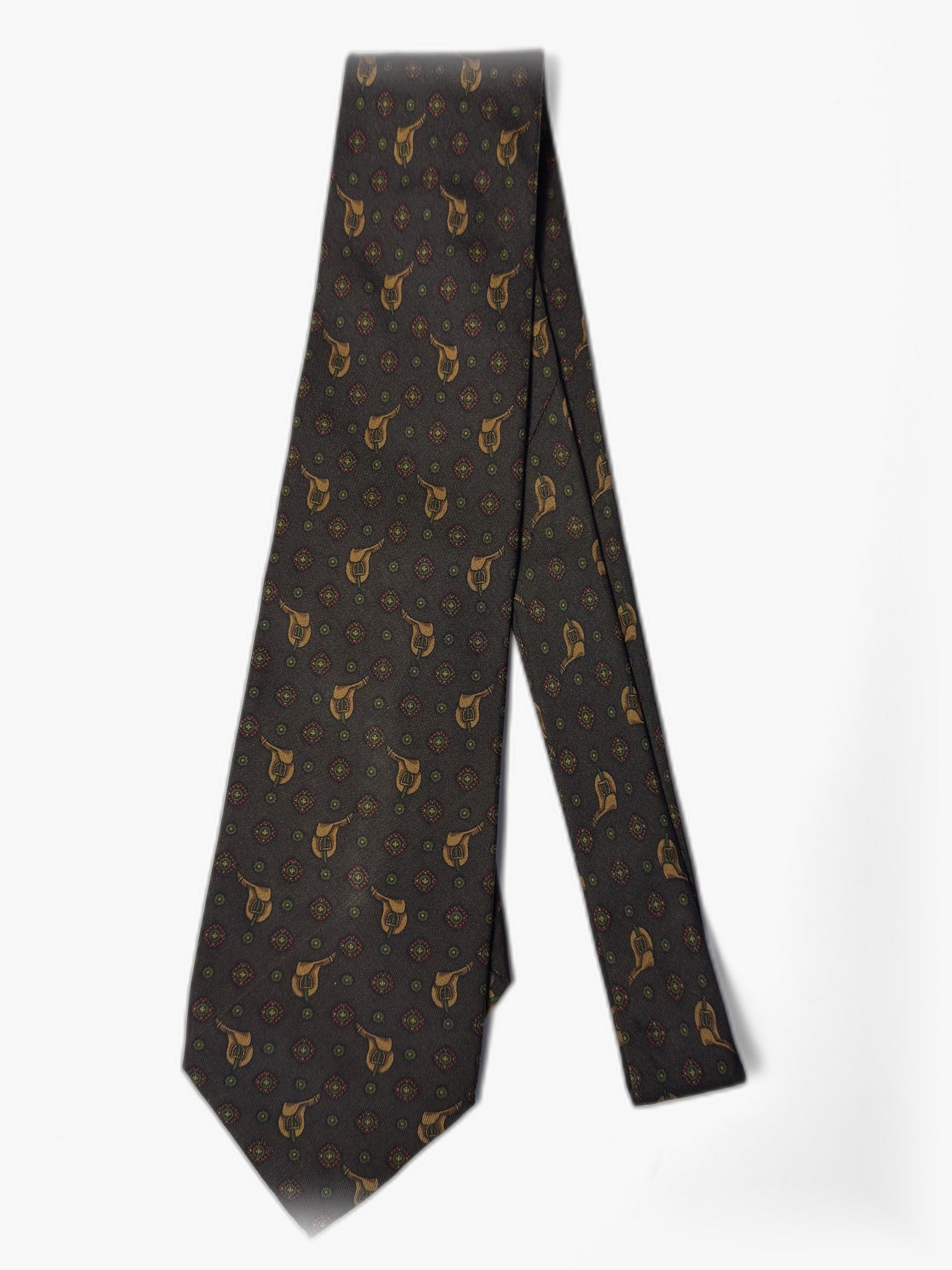 Vintage Krawatte in Dunkelbraun mit Jagdhorn-Motiv, Gesamtansicht