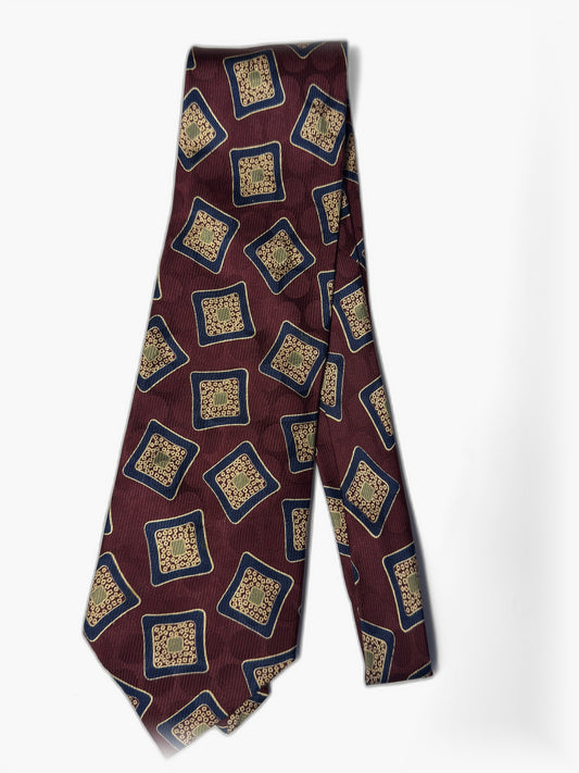 Vintage Krawatte in Burgund mit Gold/Blau Quadrat-Medallions, Gesamtansicht