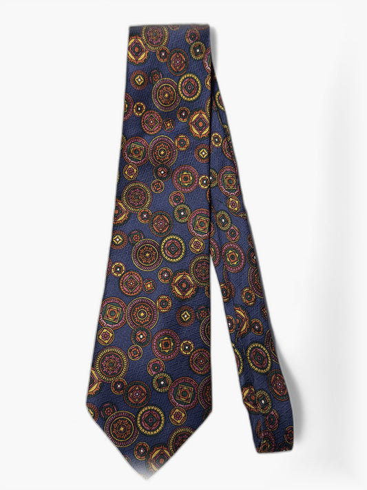 Vintage Krawatte in Navy mit bunten kreisförmigen Medaillons, Gesamtansicht