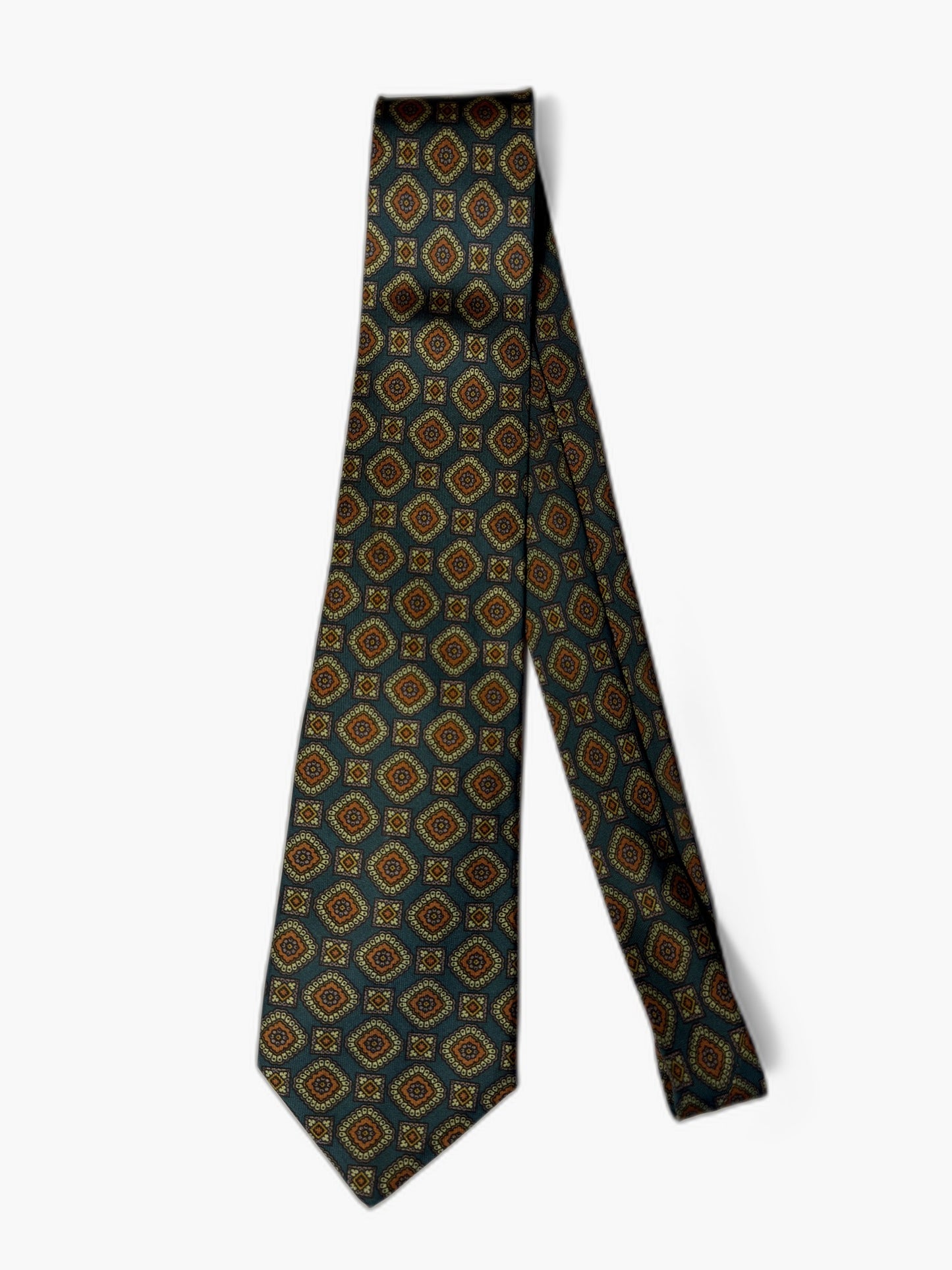 Vintage Krawatte mit Medallion, petrol mit gold-braun Medaillons, Detailansicht