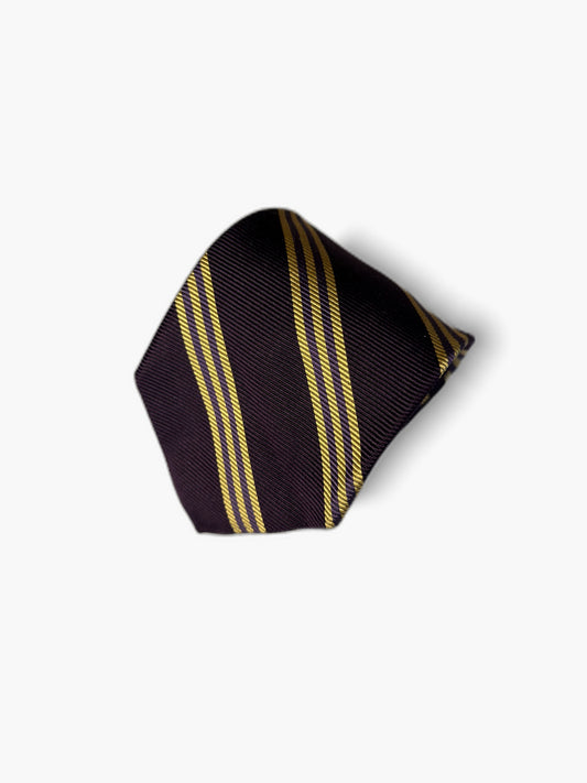 Vintage Krawatte mit Regimental, dunkelblau mit gelben Doppelstreifen, Detailansicht