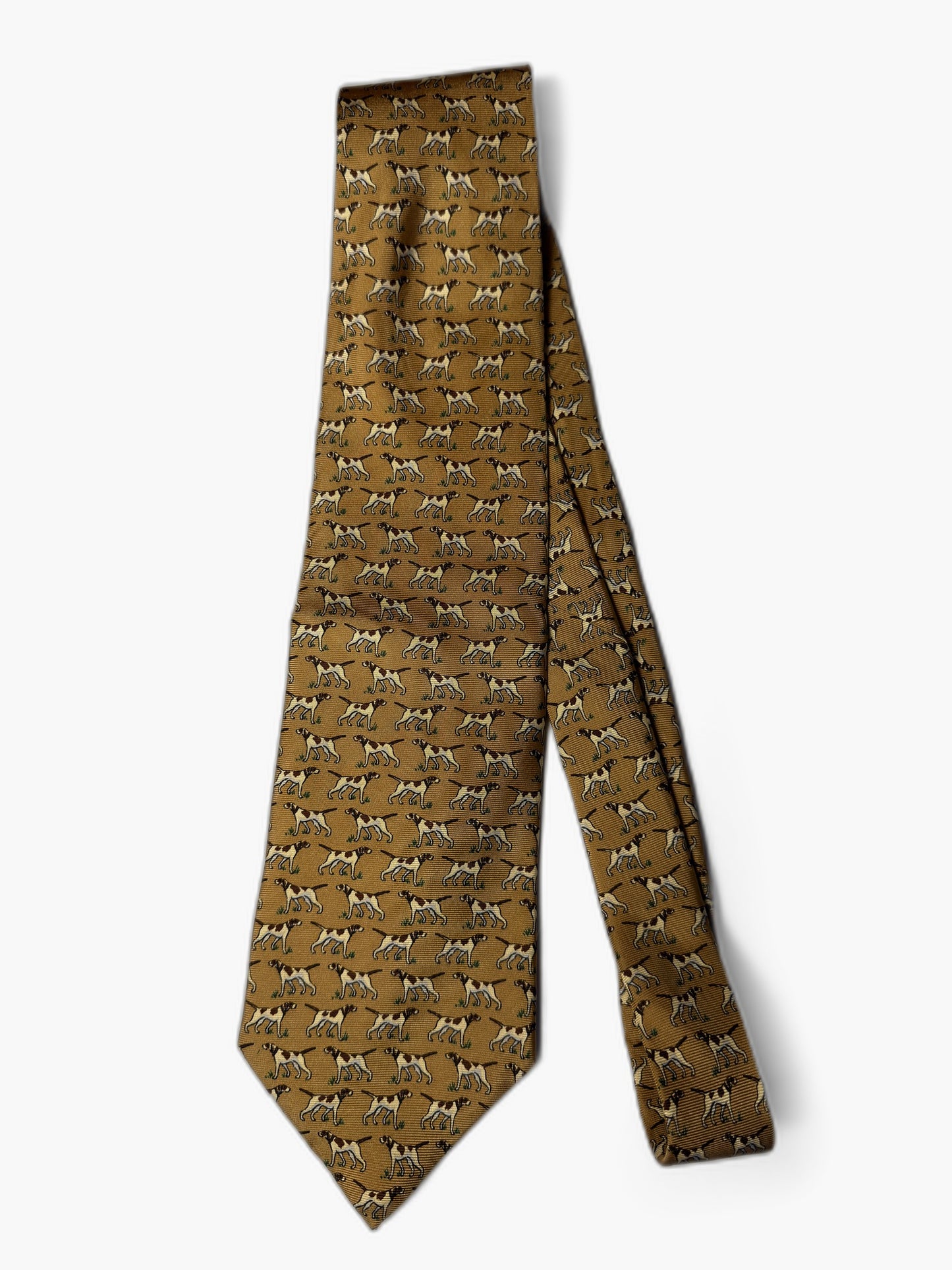 Brooks Brothers Vintage Krawatte mit Pointer-Print, senf mit Pointer-Hunden, Gesamtansicht