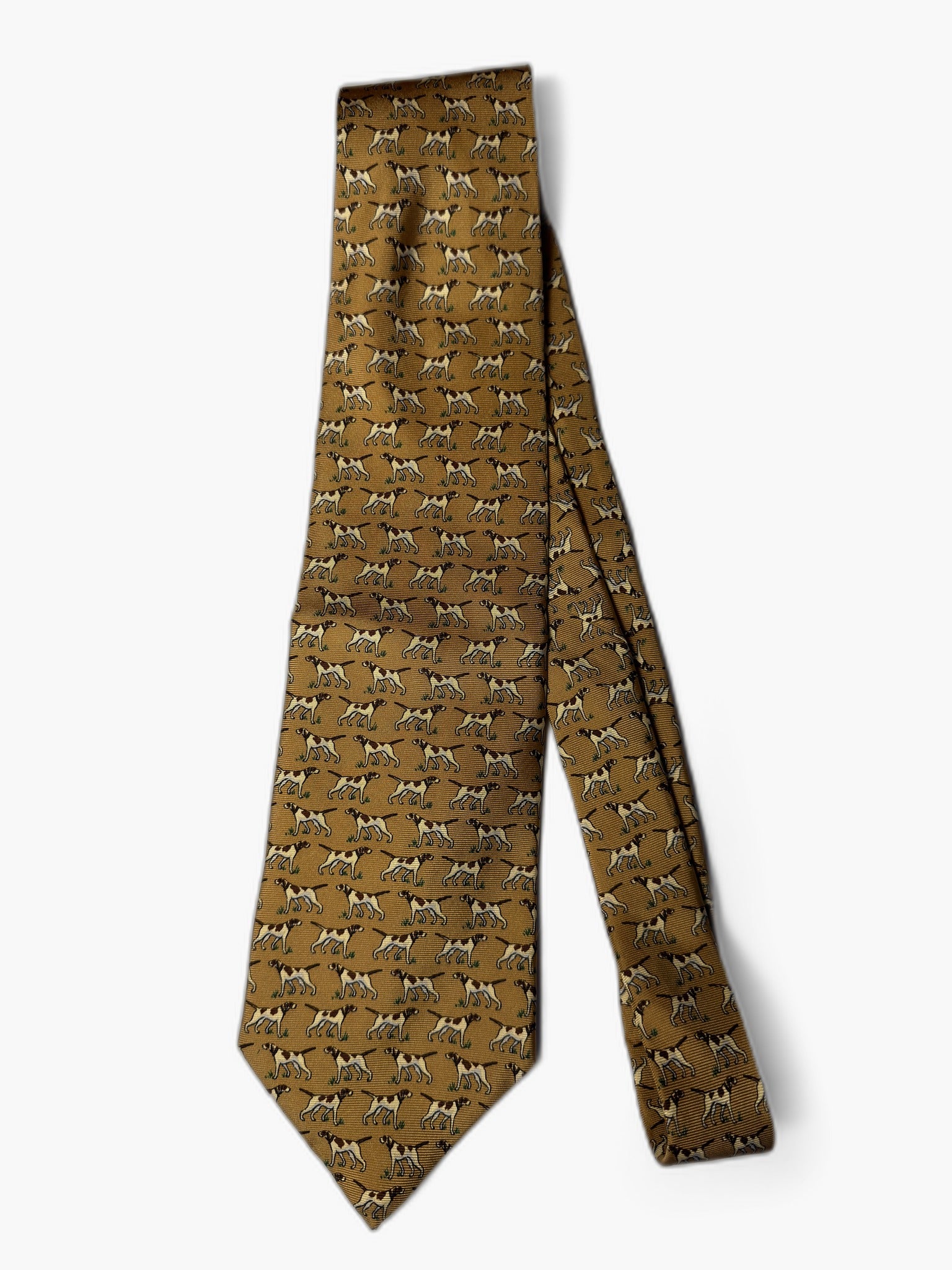Brooks Brothers Vintage Krawatte mit Pointer-Print, senf mit Pointer-Hunden, Gesamtansicht