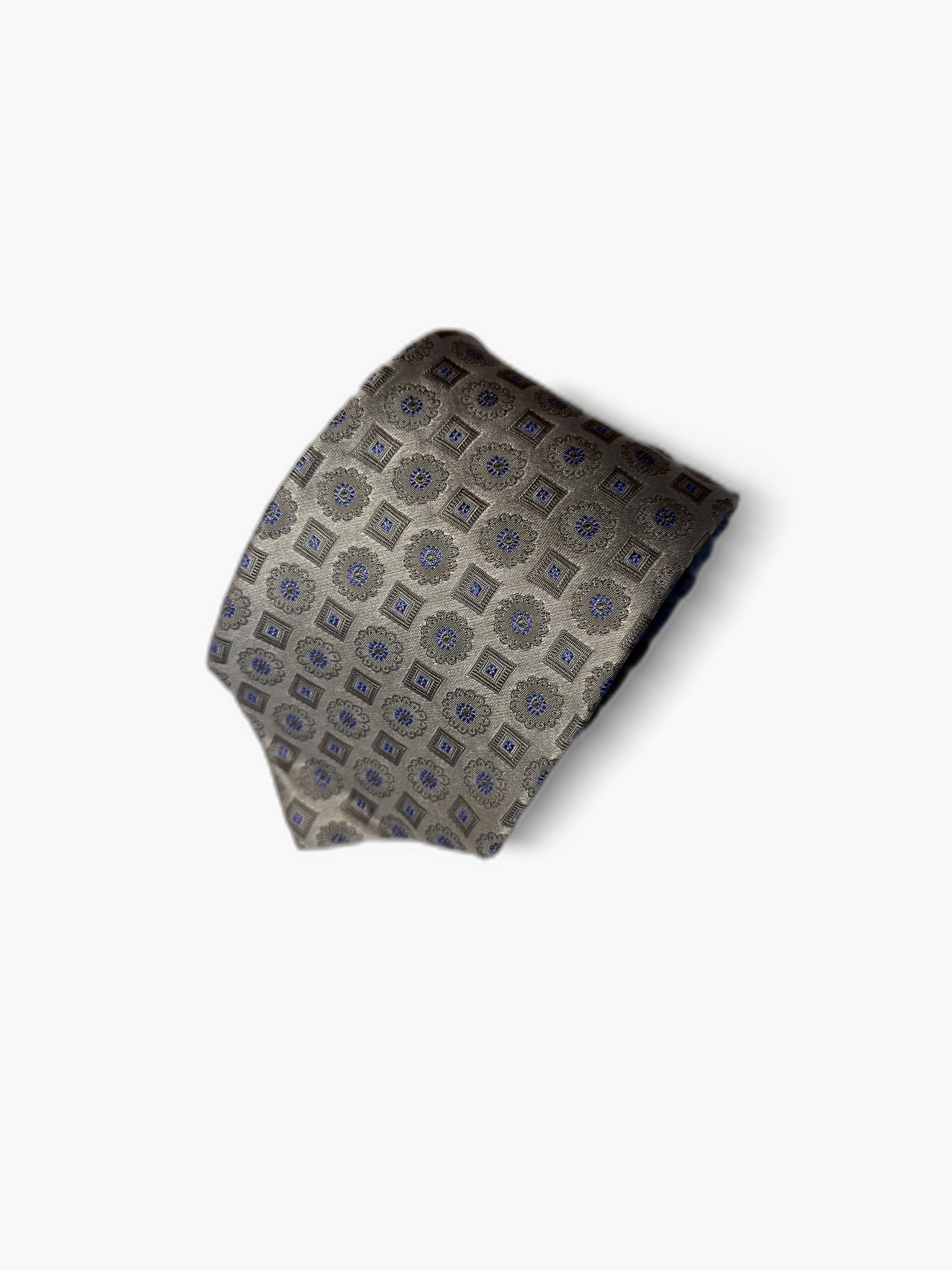 Brooks Brothers Vintage Krawatte mit Medallion, silbergrau mit blauen Medaillons, Detailansicht