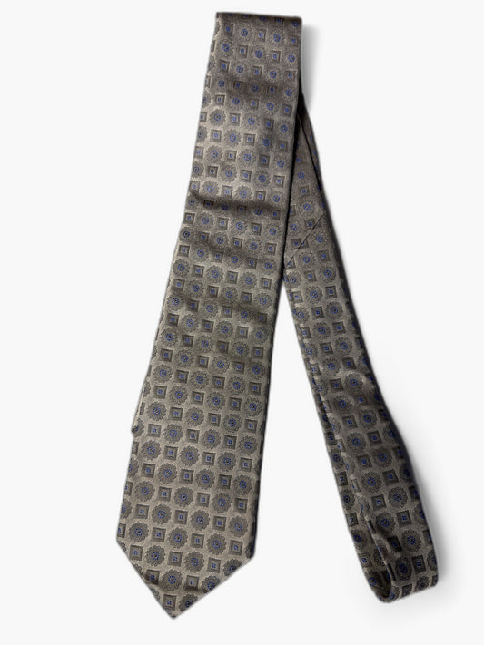 Brooks Brothers Vintage Krawatte mit Medallion, silbergrau mit blauen Medaillons, Gesamtansicht