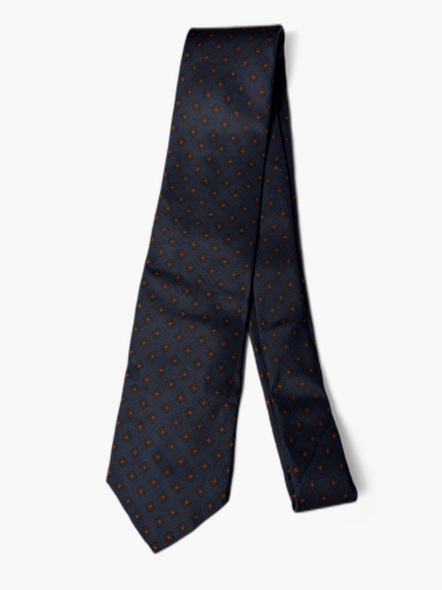Brooks Brothers Vintage Krawatte mit Foulard, marineblau mit rot-orange Quadrat-Foulard, Gesamtansicht