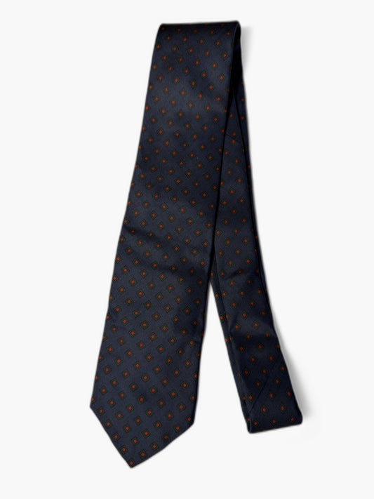 Brooks Brothers Vintage Krawatte mit Foulard, marineblau mit rot-orange Quadrat-Foulard, Gesamtansicht