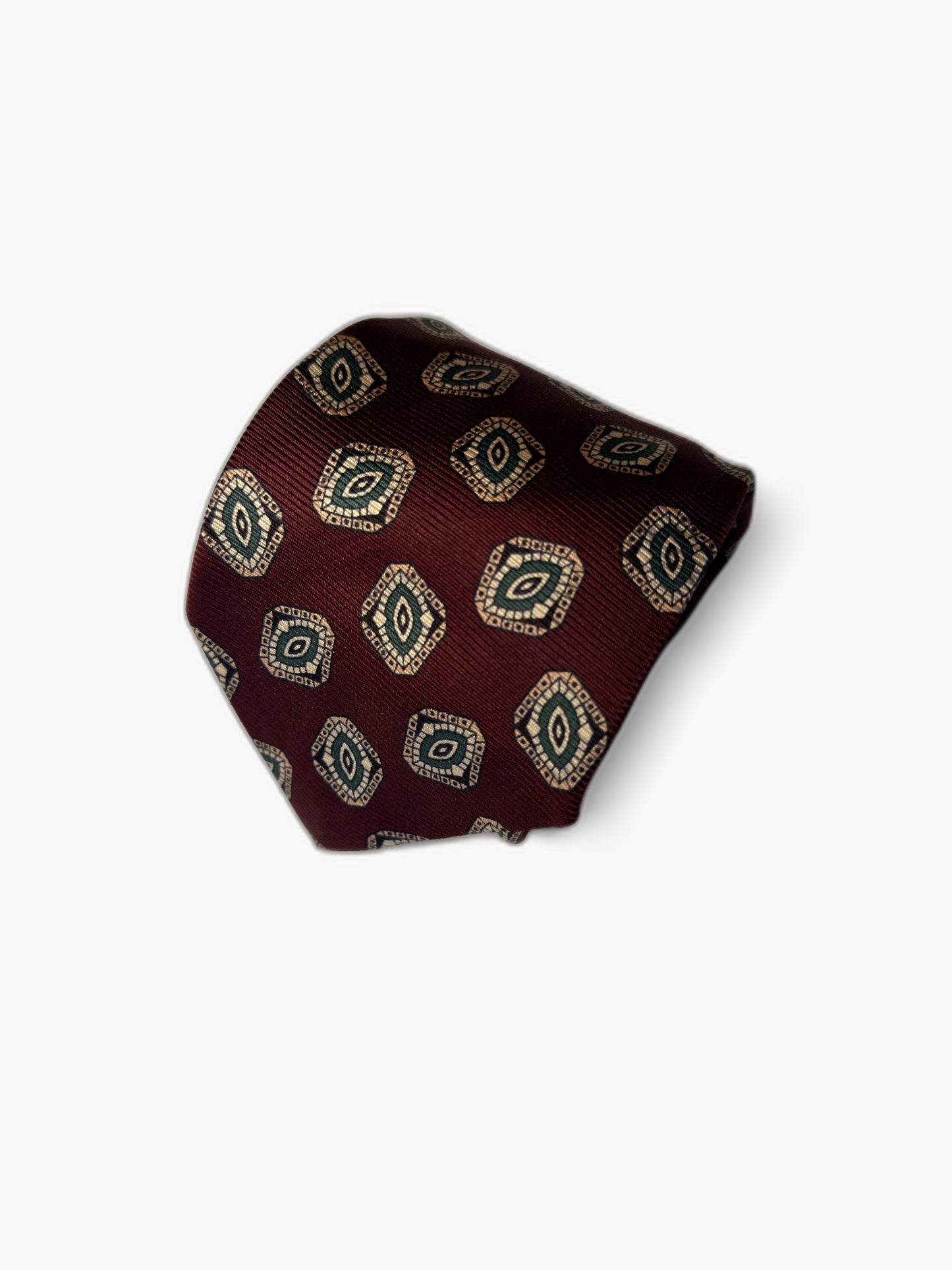 Polo by Ralph Lauren Vintage Krawatte mit Medallion, bordeaux mit gold-gruen Medaillons, Detailansicht