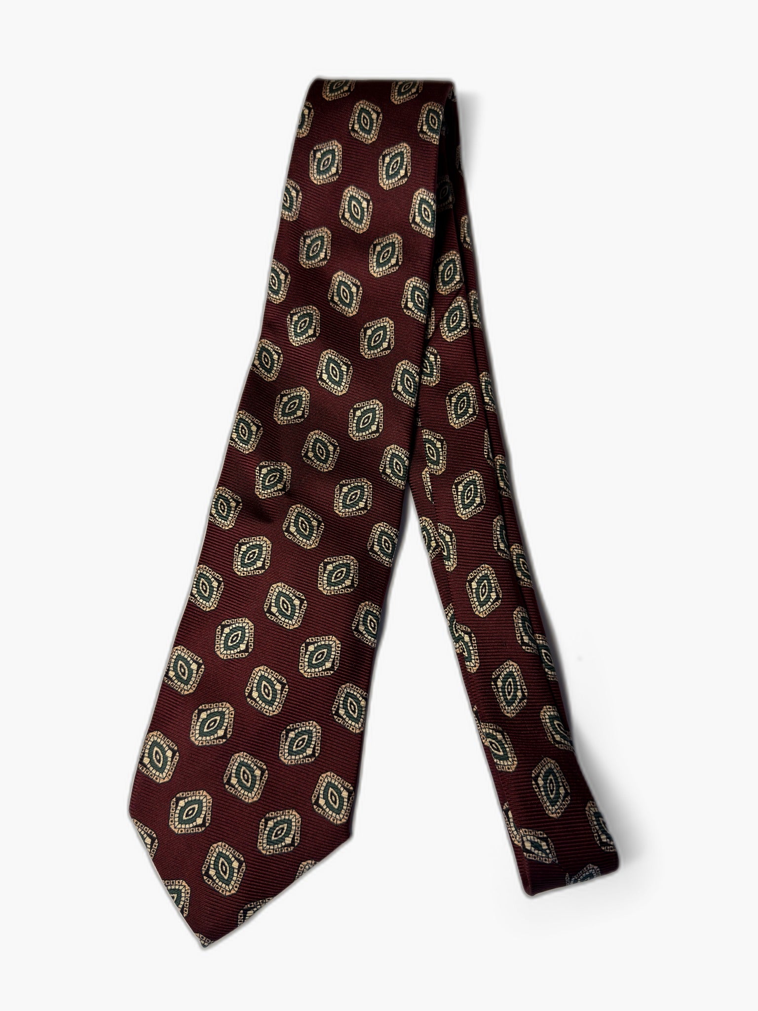 Polo by Ralph Lauren Vintage Krawatte mit Medallion, bordeaux mit gold-gruen Medaillons, Gesamtansicht