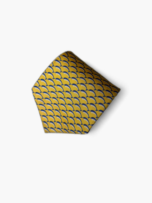 Brooks Brothers Vintage Krawatte mit Scale-Pattern, senfgelb mit blauen Fisch-Schuppen, Detailansicht