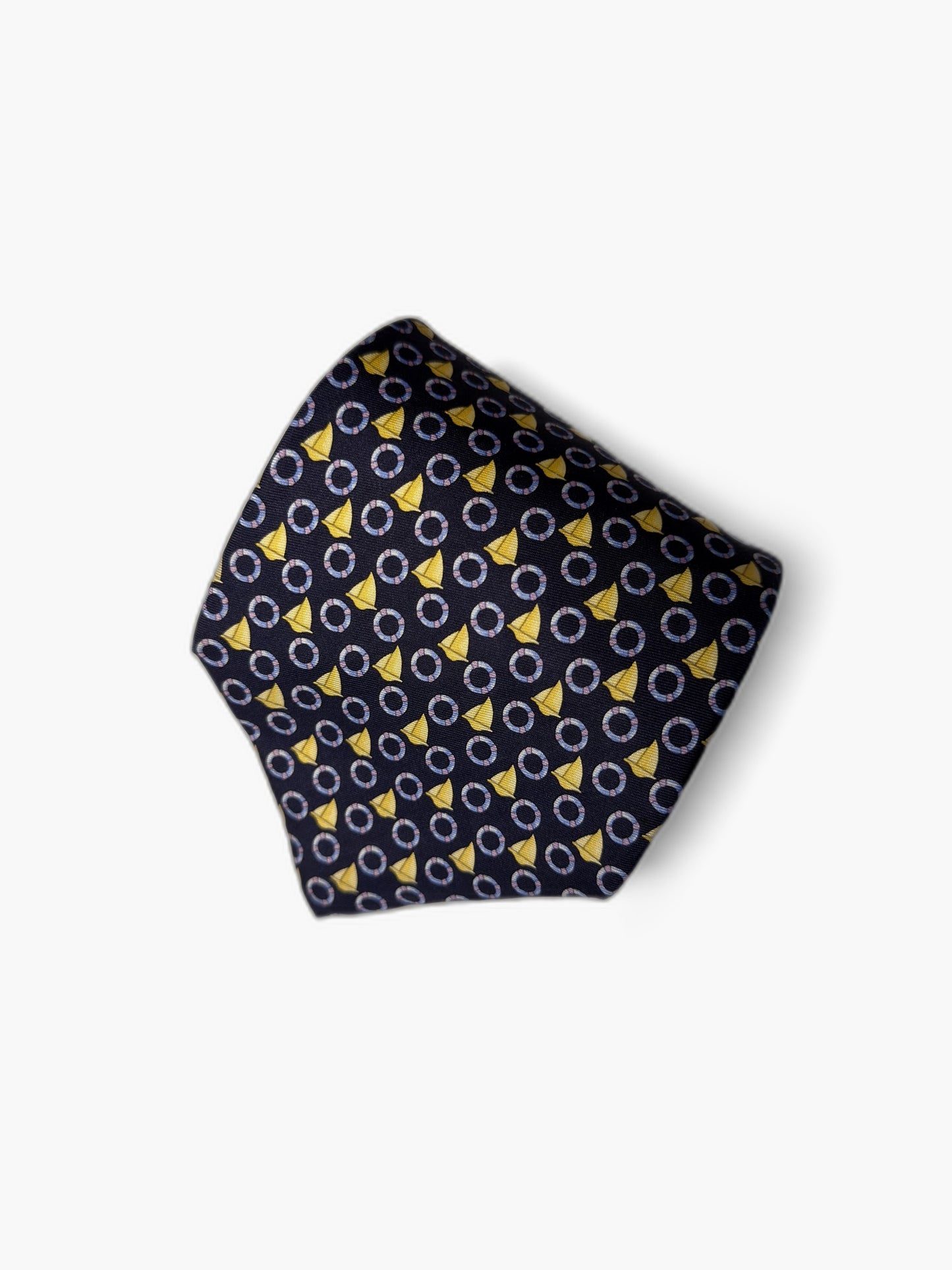 Brooks Brothers Vintage Krawatte mit Geometrisch, marineblau mit gelben Kegeln und Kreisen, Detailansicht