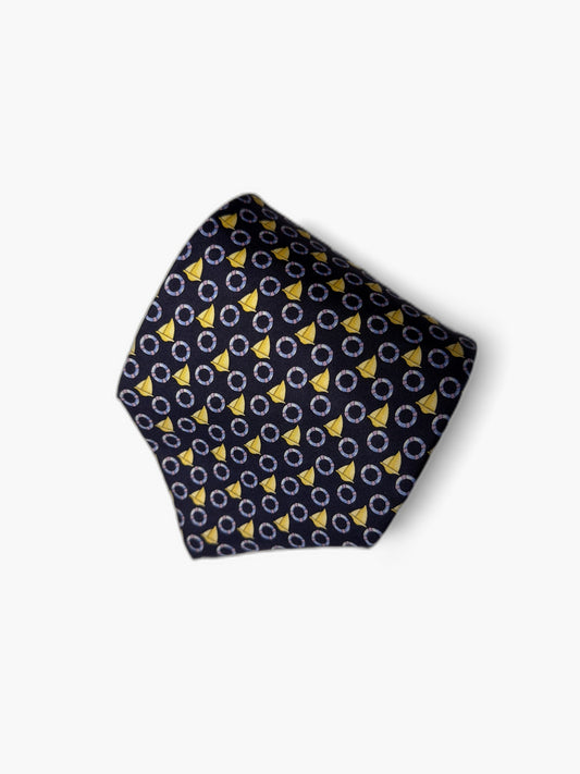 Brooks Brothers Vintage Krawatte mit Geometrisch, marineblau mit gelben Kegeln und Kreisen, Detailansicht
