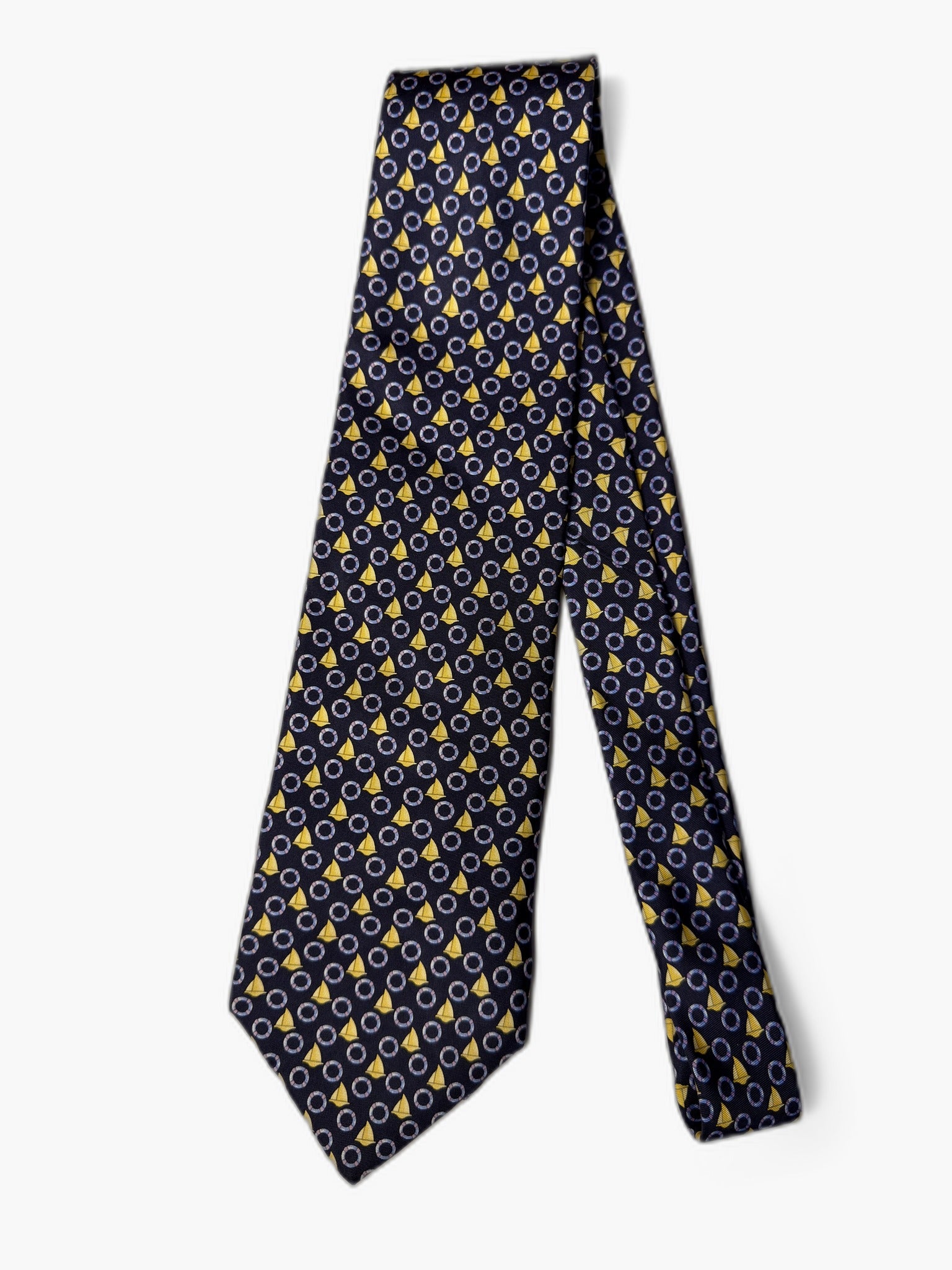 Brooks Brothers Vintage Krawatte mit Geometrisch, marineblau mit gelben Kegeln und Kreisen, Gesamtansicht