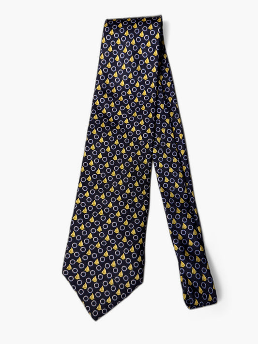 Brooks Brothers Vintage Krawatte mit Geometrisch, marineblau mit gelben Kegeln und Kreisen, Gesamtansicht