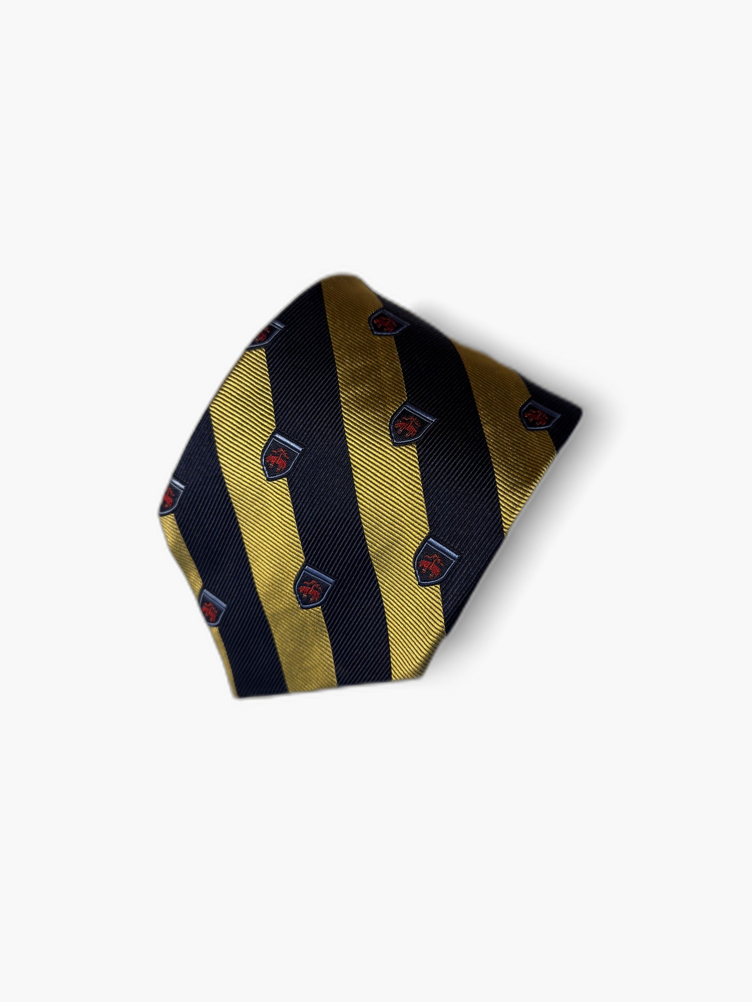 Brooks Brothers Vintage Krawatte mit Wappen-Streifen, marineblau-gelb mit Wappen, Detailansicht