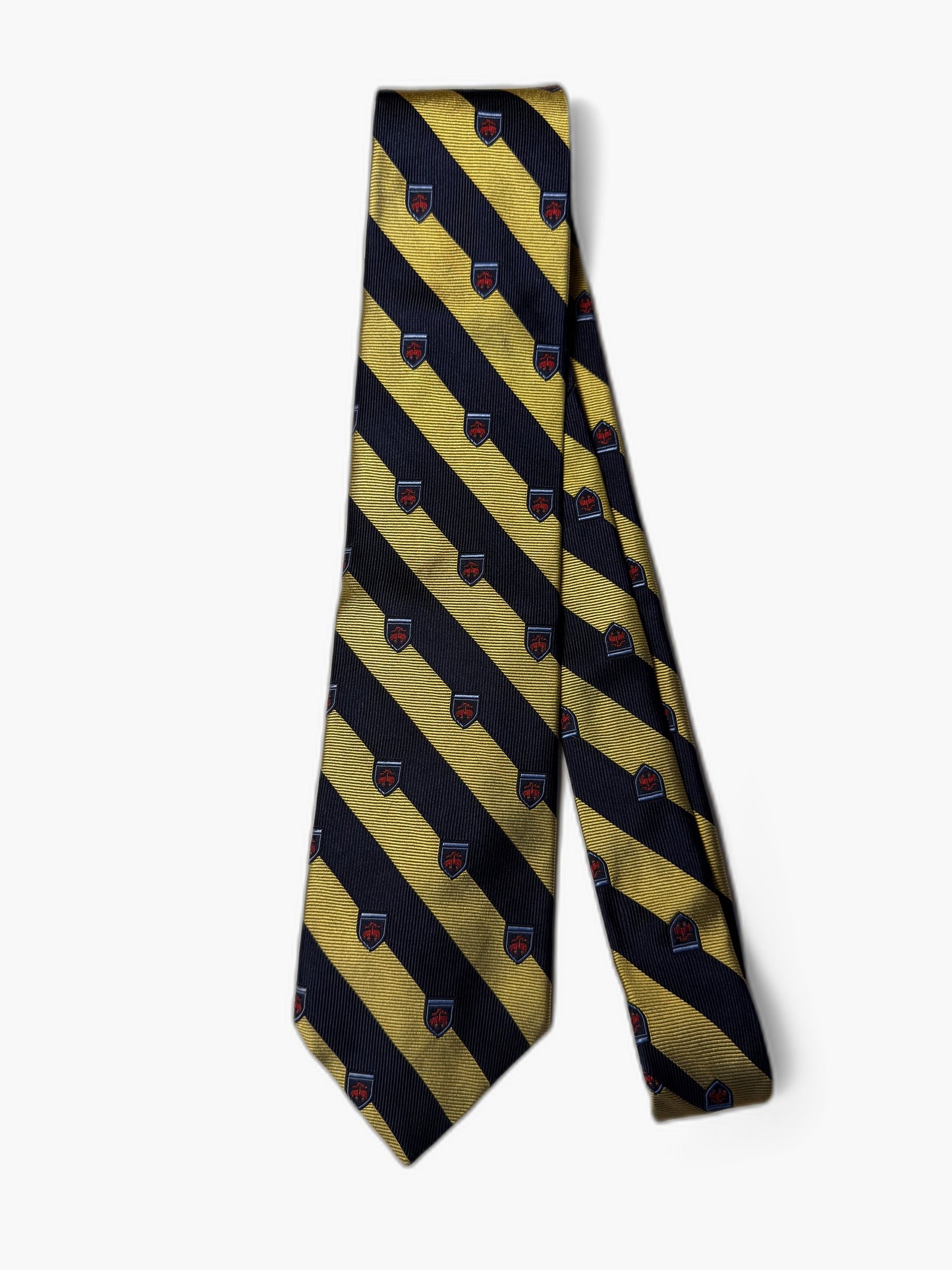 Brooks Brothers Vintage Krawatte mit Wappen-Streifen, marineblau-gelb mit Wappen, Gesamtansicht
