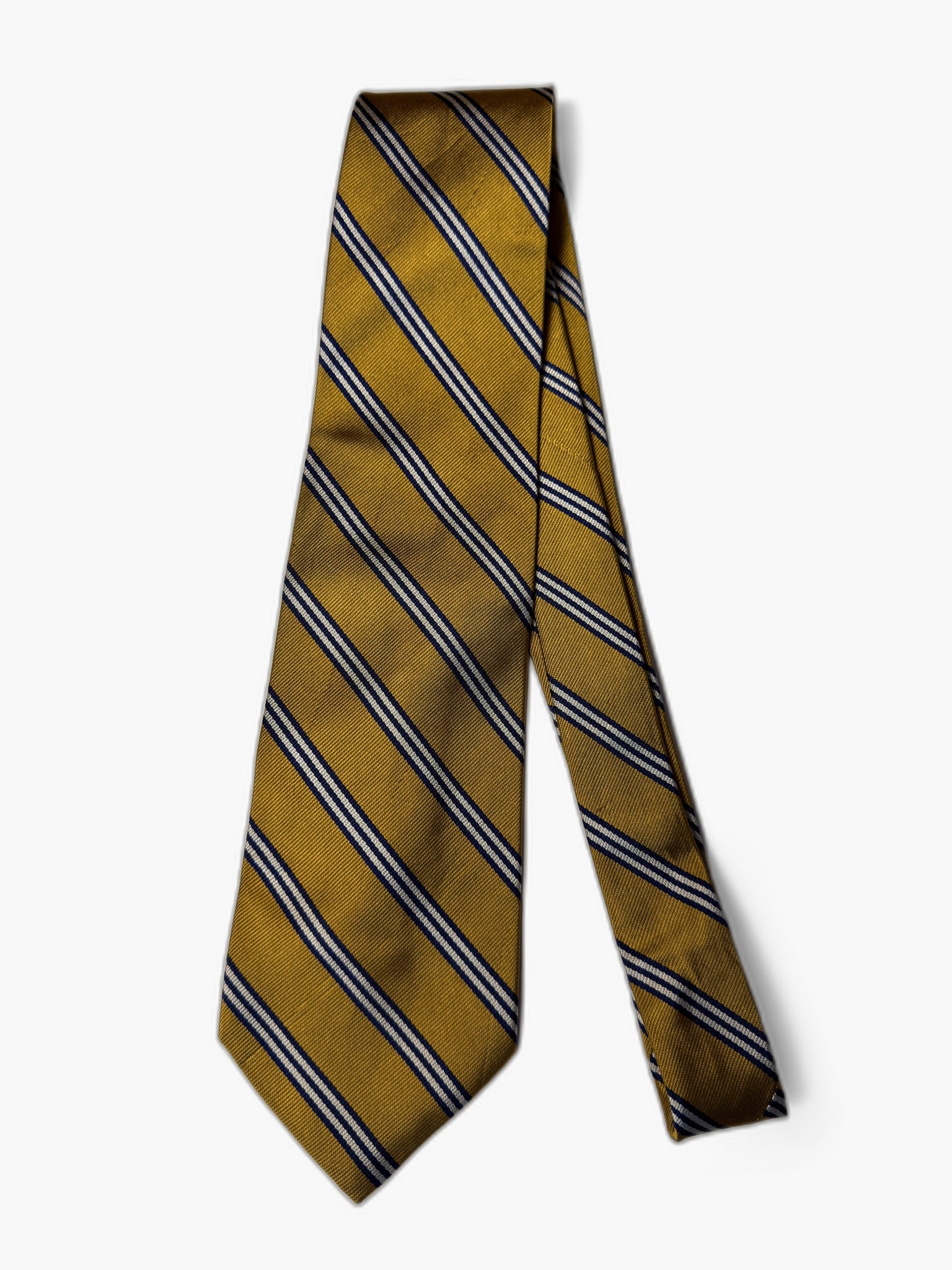 Brooks Brothers Vintage Krawatte mit Stripes, senfgelb mit weiss-blau Streifen, Gesamtansicht