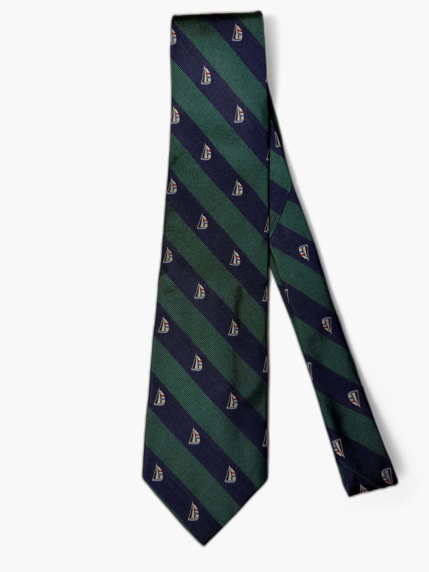 Brooks Brothers Vintage Krawatte mit Bootwappen, marineblau-gruen mit Bootwappen, Gesamtansicht