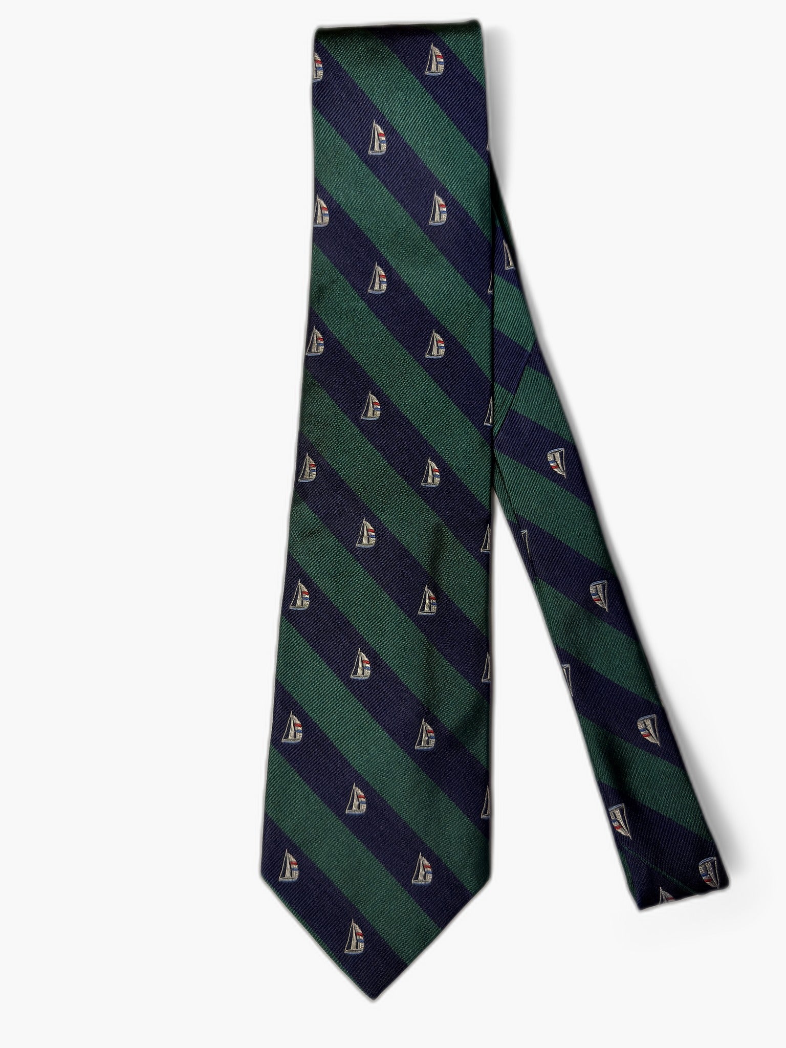 Brooks Brothers Vintage Krawatte mit Bootwappen, marineblau-gruen mit Bootwappen, Gesamtansicht