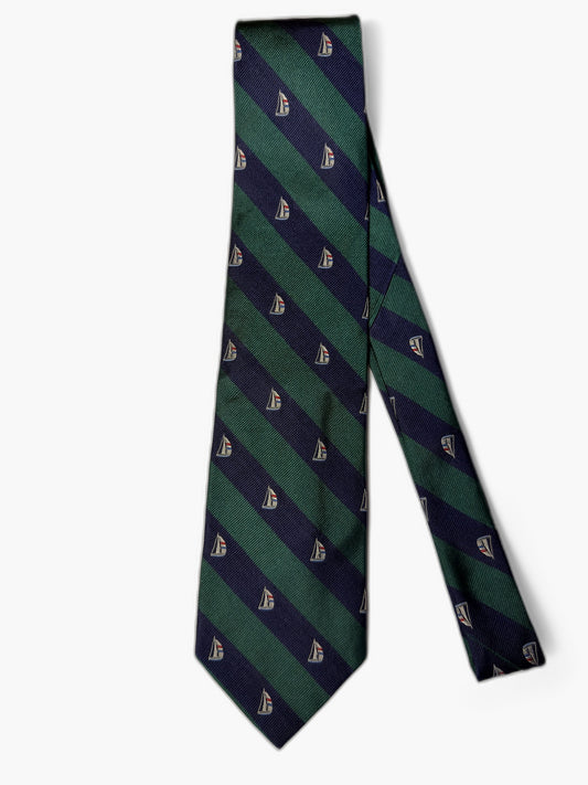 Brooks Brothers Vintage Krawatte mit Bootwappen, marineblau-gruen mit Bootwappen, Gesamtansicht